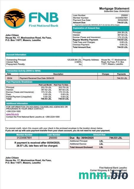 Lesotho First National Bank Lesotho wyciąg z kredytu hipotecznego szablon Word i PDF